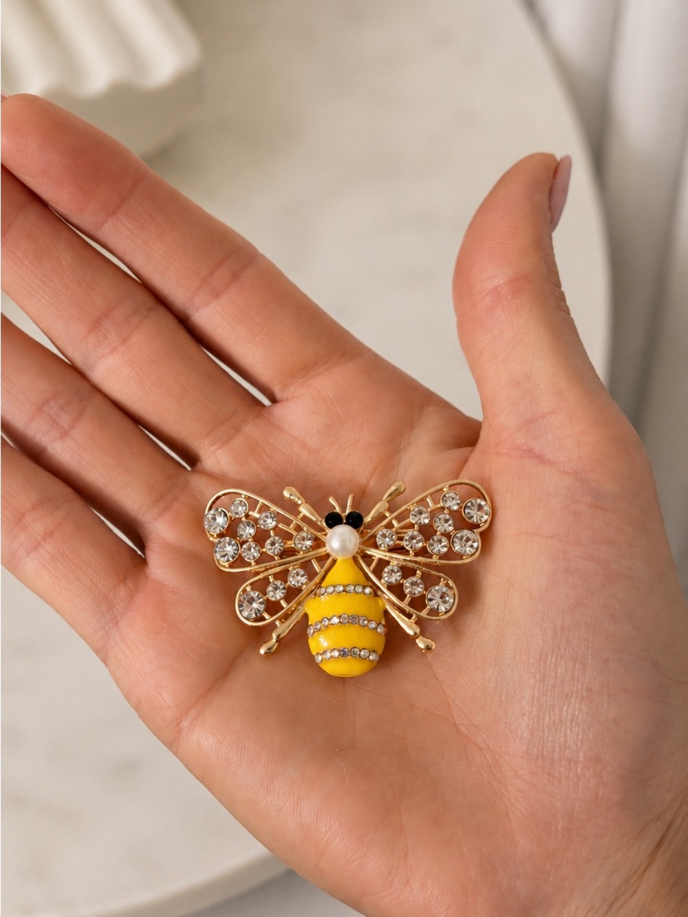 Gold and Yellow Bee Brooch with Crystal Wings - Picture 2 of 4
